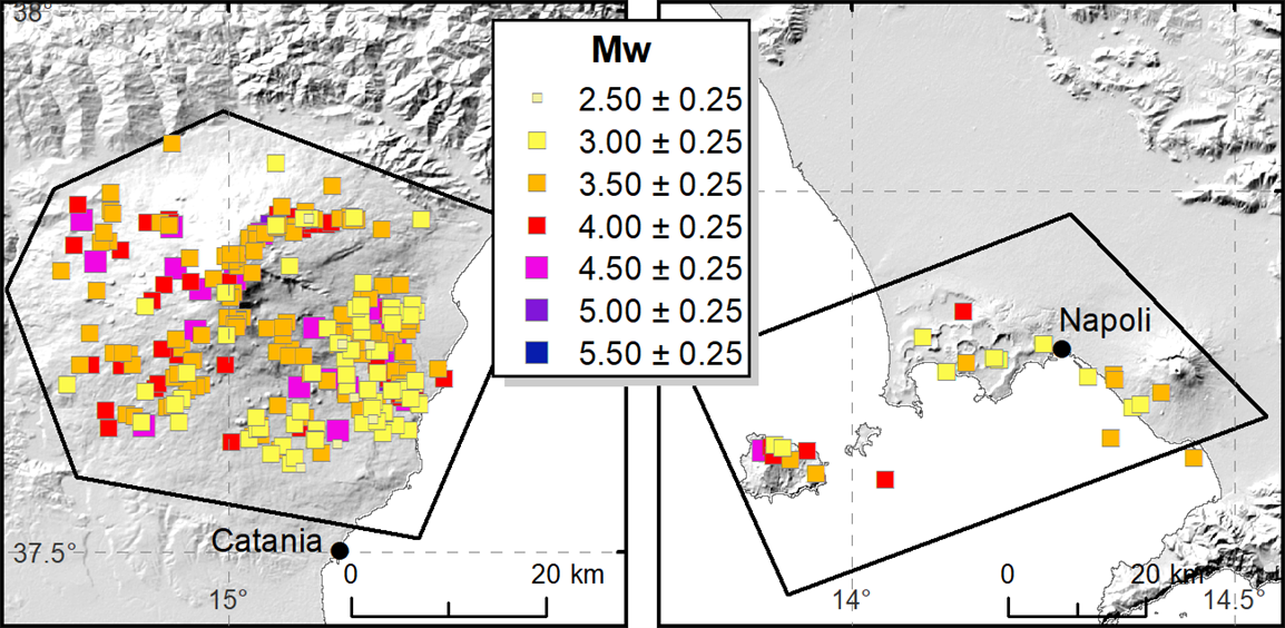 Etna (left) and Phlegrean (right) volcanic  areas as defined for the purpose of CPTI15, and related seismicity