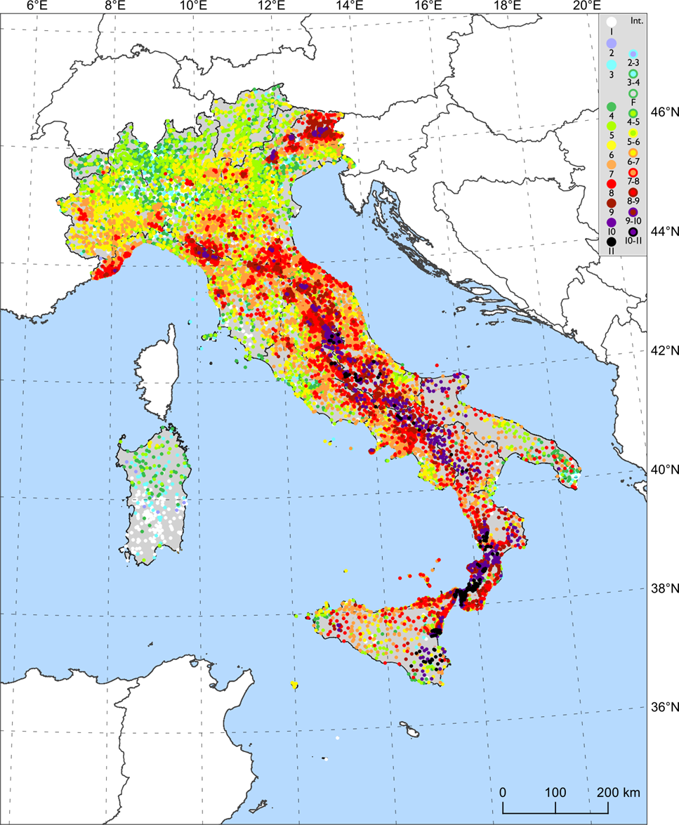 Plot of the maximum observed intensities for the 15343 Italian localities